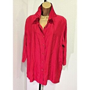Collared 100% Silk Red Button Tunic Top Womens 1X Career Office Classic Timeless
